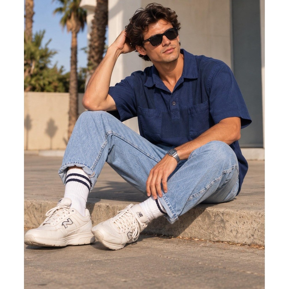 Vtg Classics by Palmland Mens 2XL Blue Textured Polo Shirt Ribbed Patch 80s 90s